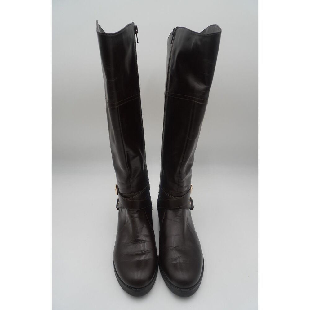 Bandolino Riding Boots Women 8 M Brown Leather Tall Buckle Block Heel Equestrian